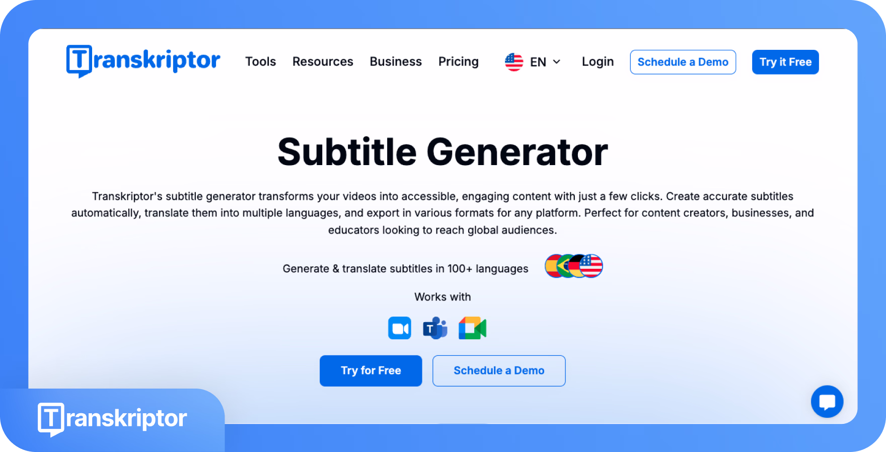 Halaman web Pembuat Subtitle Transkriptor menawarkan pembuatan dan terjemahan subtitle video.