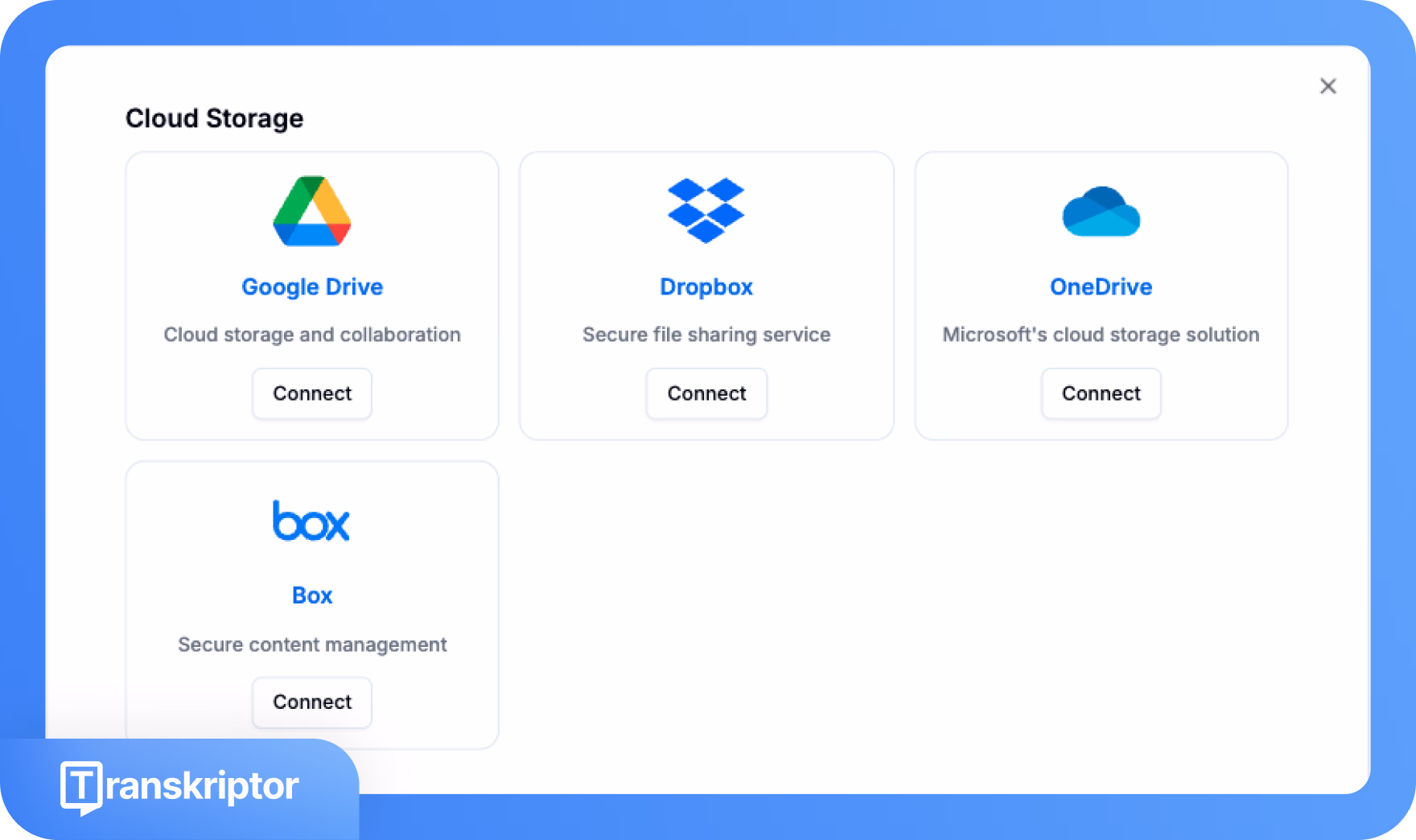 Opsi penyimpanan cloud dengan Google Drive, Dropbox, OneDrive, dan Box di Transkriptor.