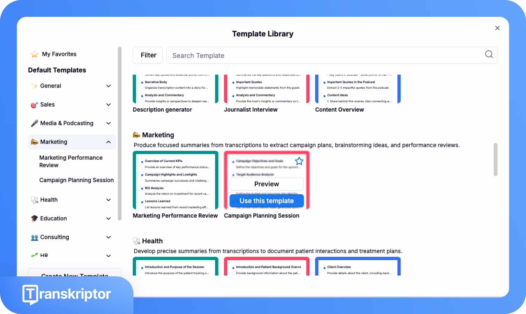 Antarmuka perpustakaan template Transkriptor menampilkan kategori seperti Pemasaran, Kesehatan, dan opsi untuk memfilter dan mencari template.