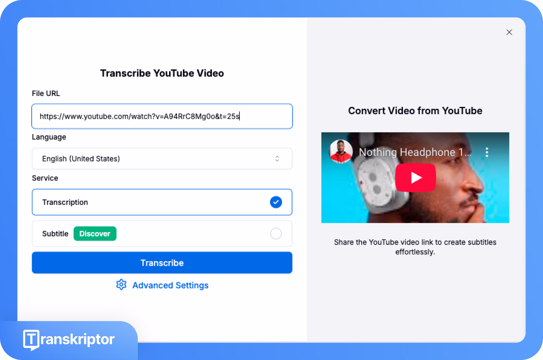 Antarmuka alat Transkriptor untuk mentranskripsikan video YouTube.