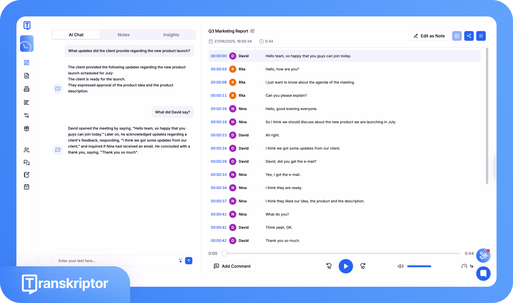 Antarmuka aplikasi Transkriptor menampilkan transkrip rapat dengan tab obrolan AI dan catatan.