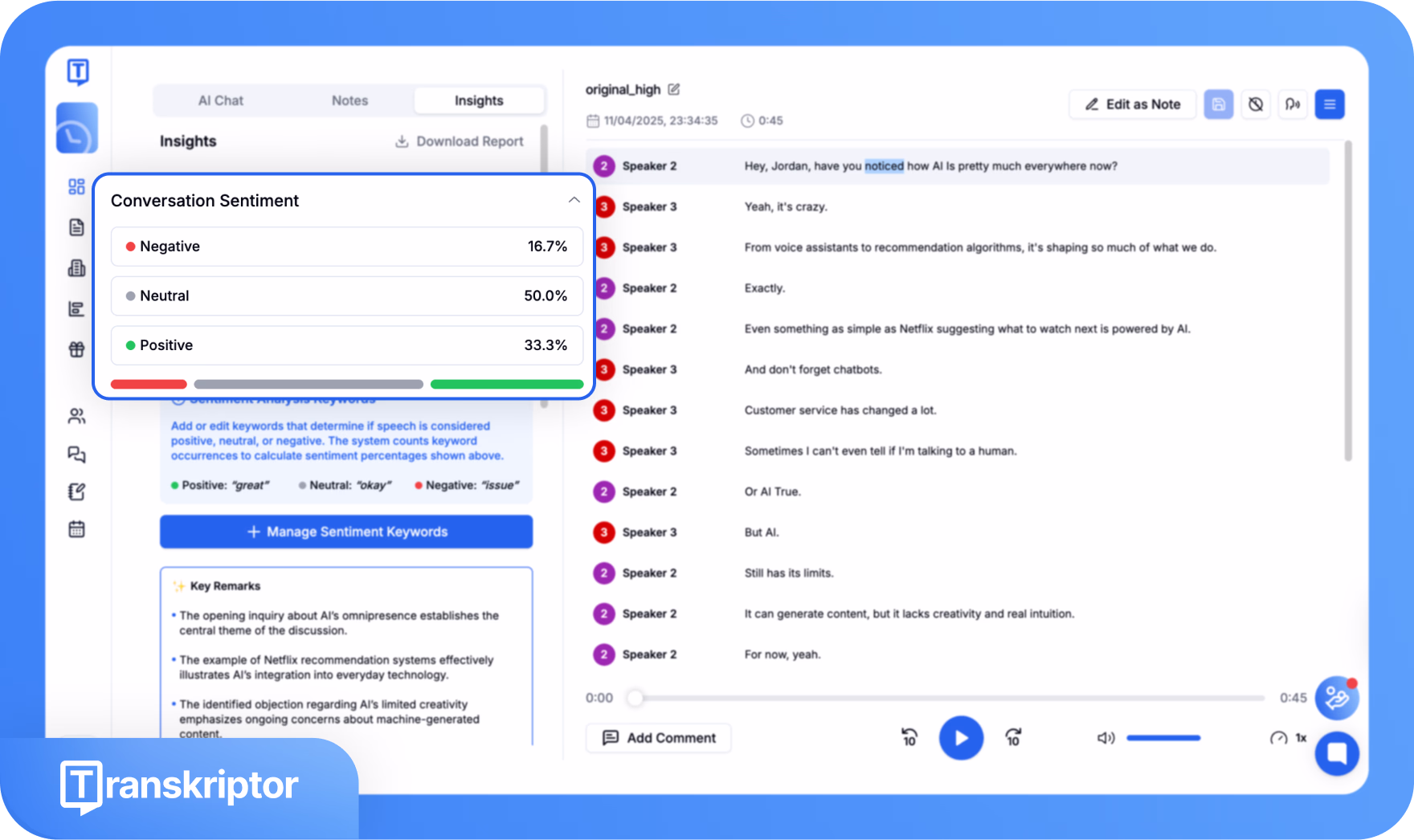 Alat Transkriptor memaparkan analisis sentimen perbualan dengan peratusan untuk sentimen negatif, neutral, dan positif.
