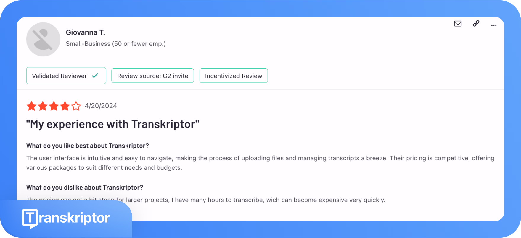 Ulasan Transkriptor oleh pengguna perniagaan kecil menyoroti kemudahan penggunaan dan harga.