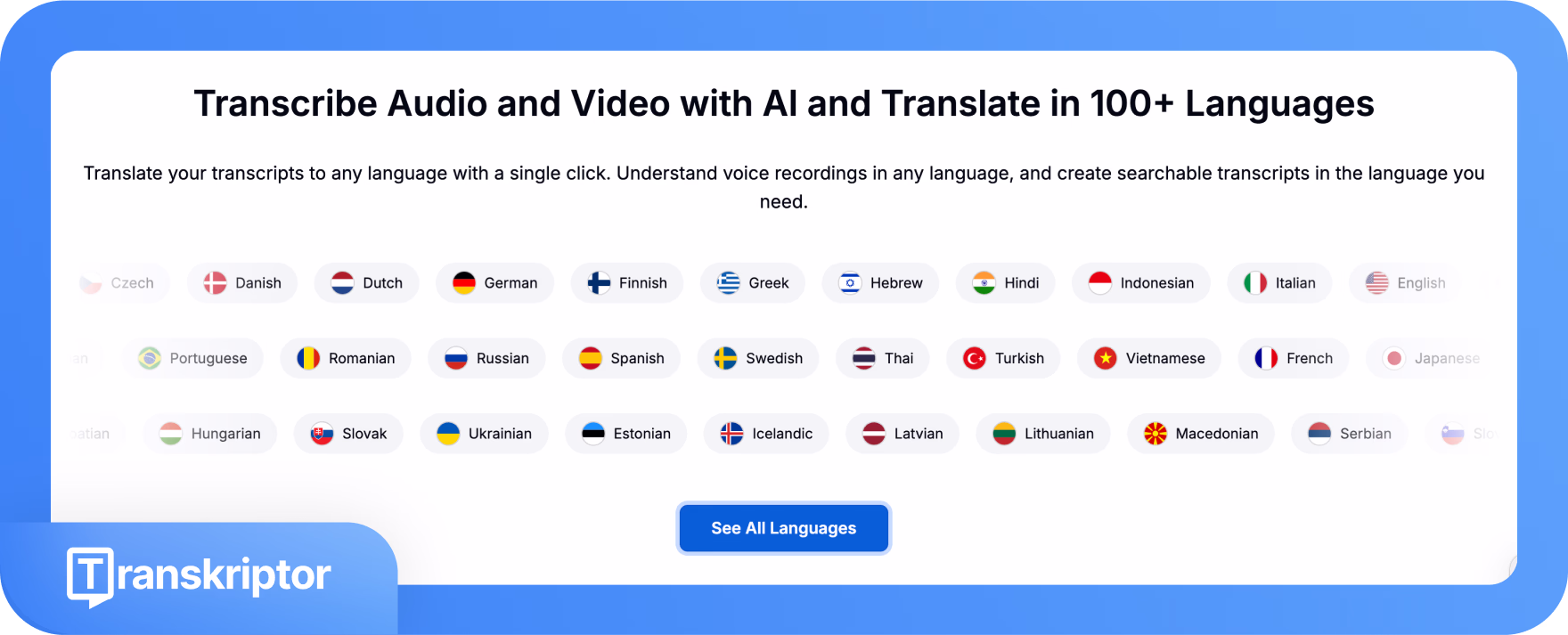 Alat AI Transkriptor untuk mentranskripsikan dan menterjemahkan audio dalam 100+ bahasa.