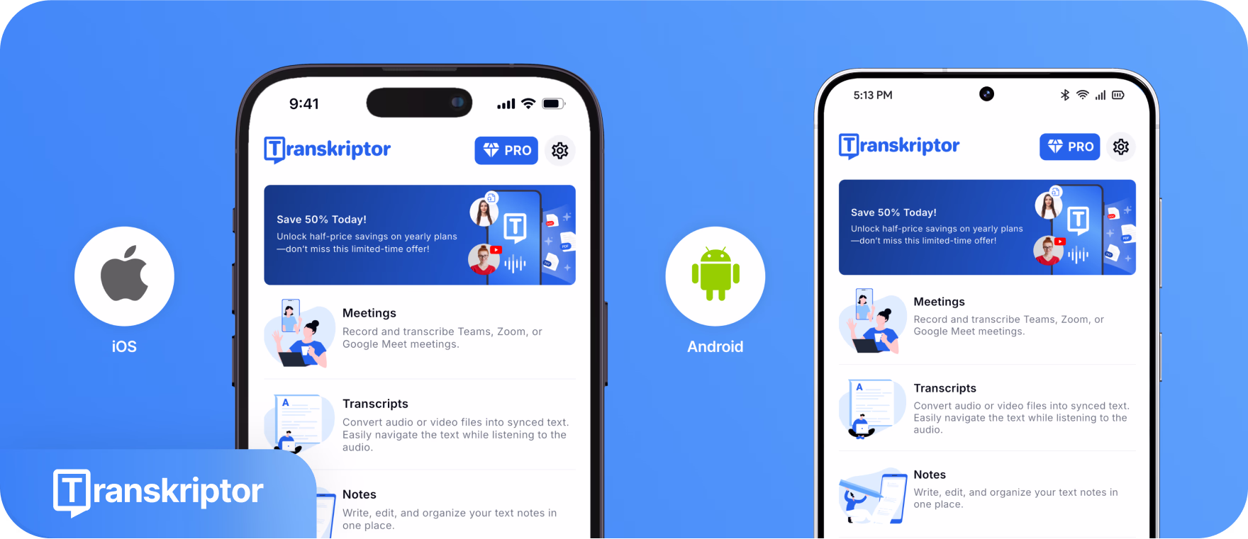 Antara muka aplikasi Transkriptor dipaparkan pada peranti iOS dan Android, menawarkan perkhidmatan transkripsi.