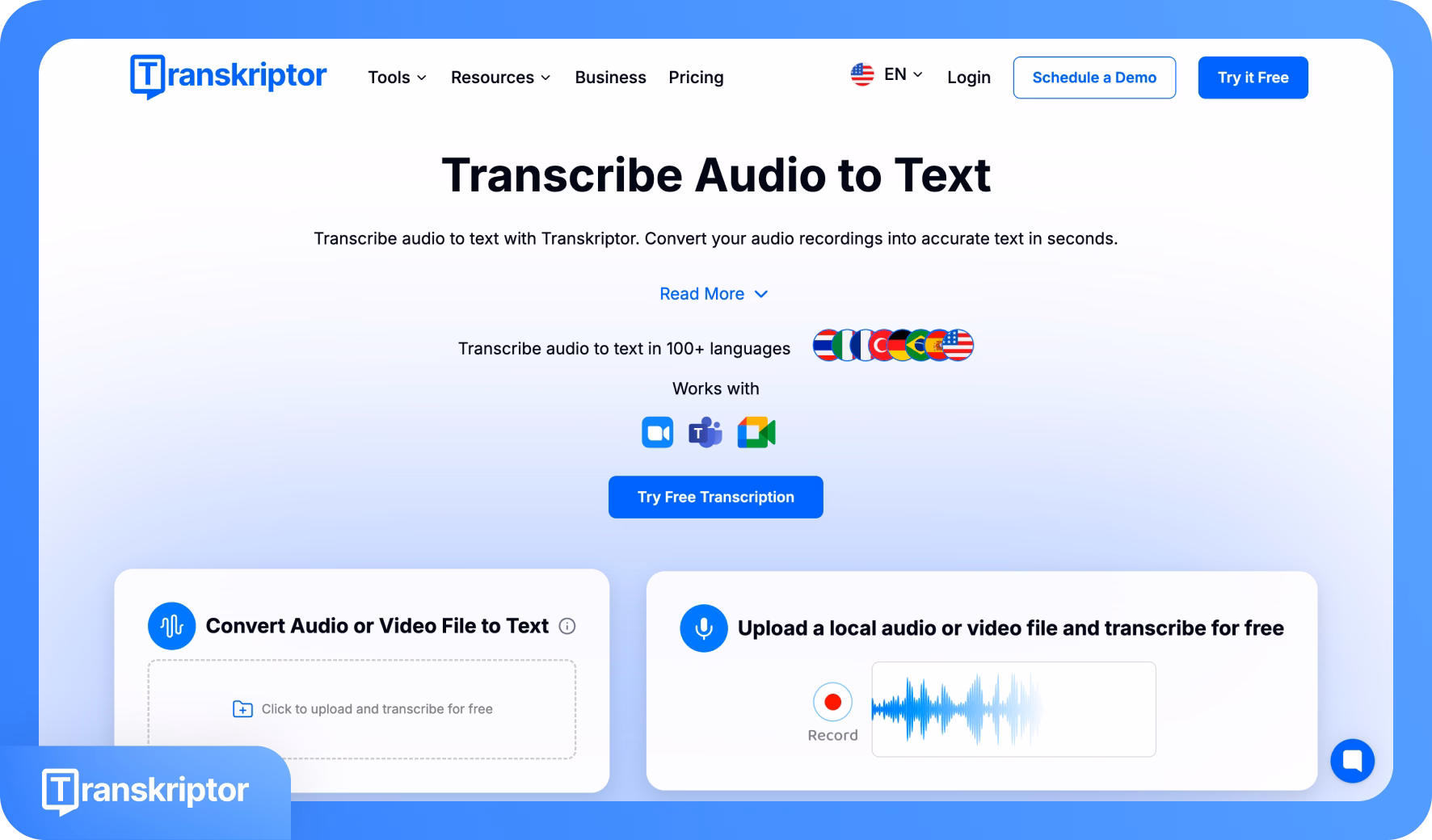 Головна сторінка Transkriptor, що демонструє послуги транскрипції аудіо в текст.