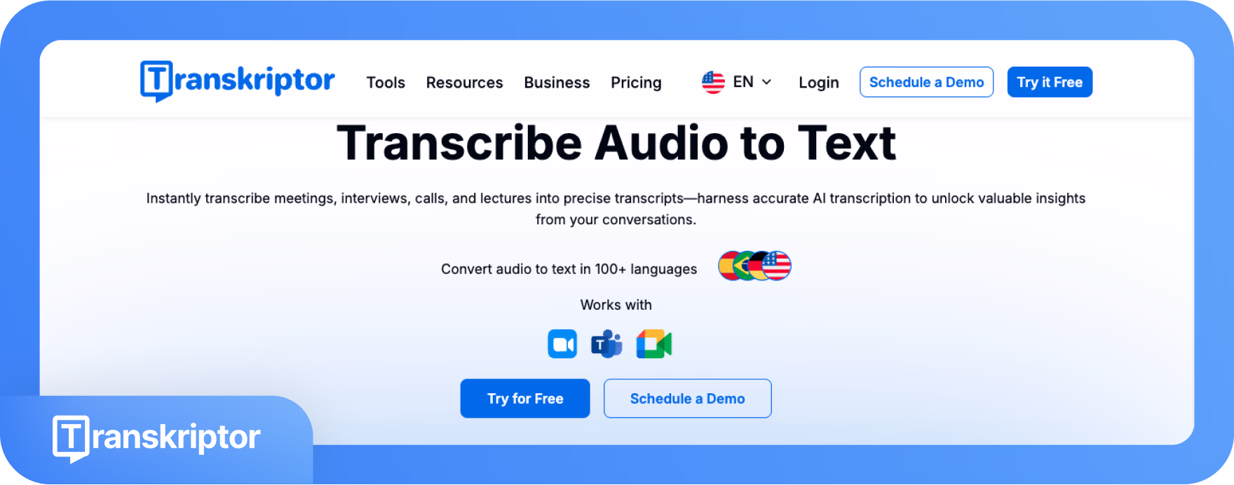 Strona główna Transkriptora promująca usługi transkrypcji audio na tekst.