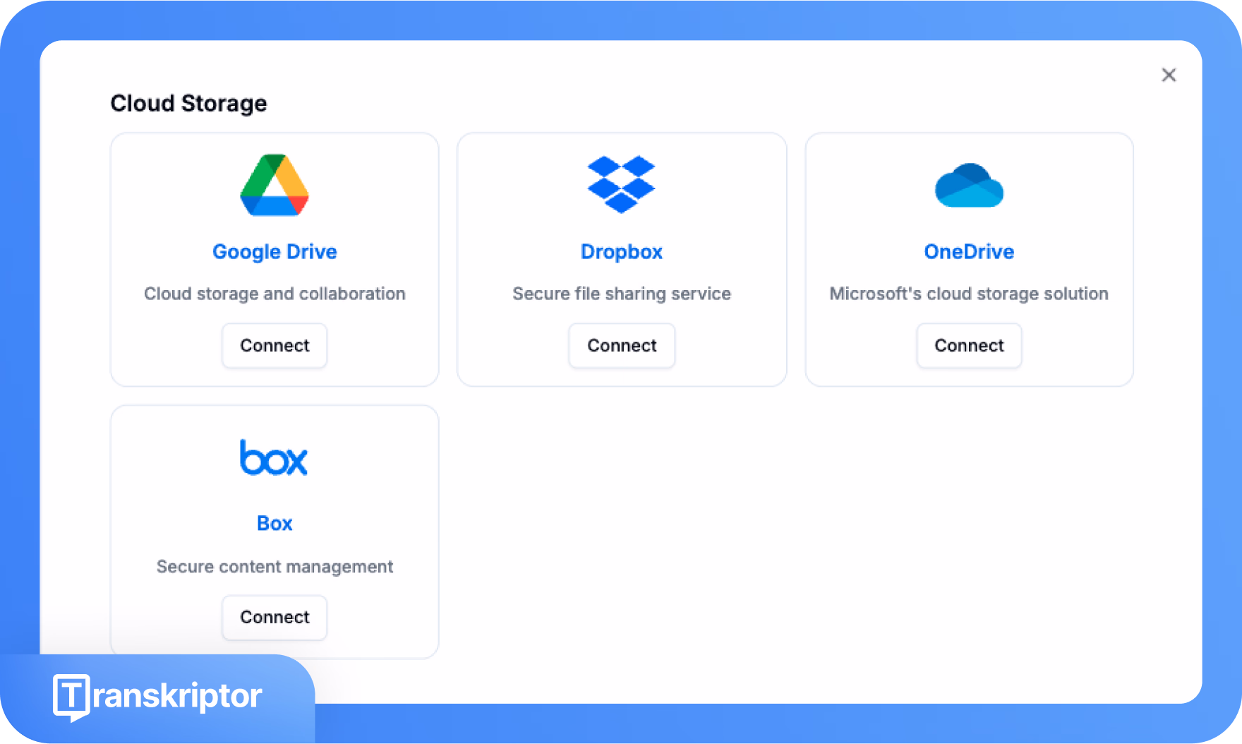 Porównanie opcji przechowywania w chmurze: Google Drive, Dropbox, OneDrive i Box, każda z przyciskiem połączenia.