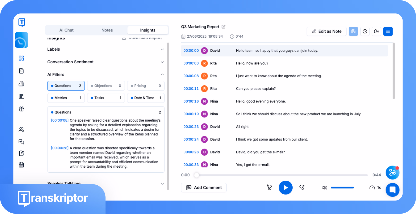 Инструмент Transkriptor, отображающий маркетинговый отчет Q3 с аналитикой разговоров и ИИ-фильтрами.