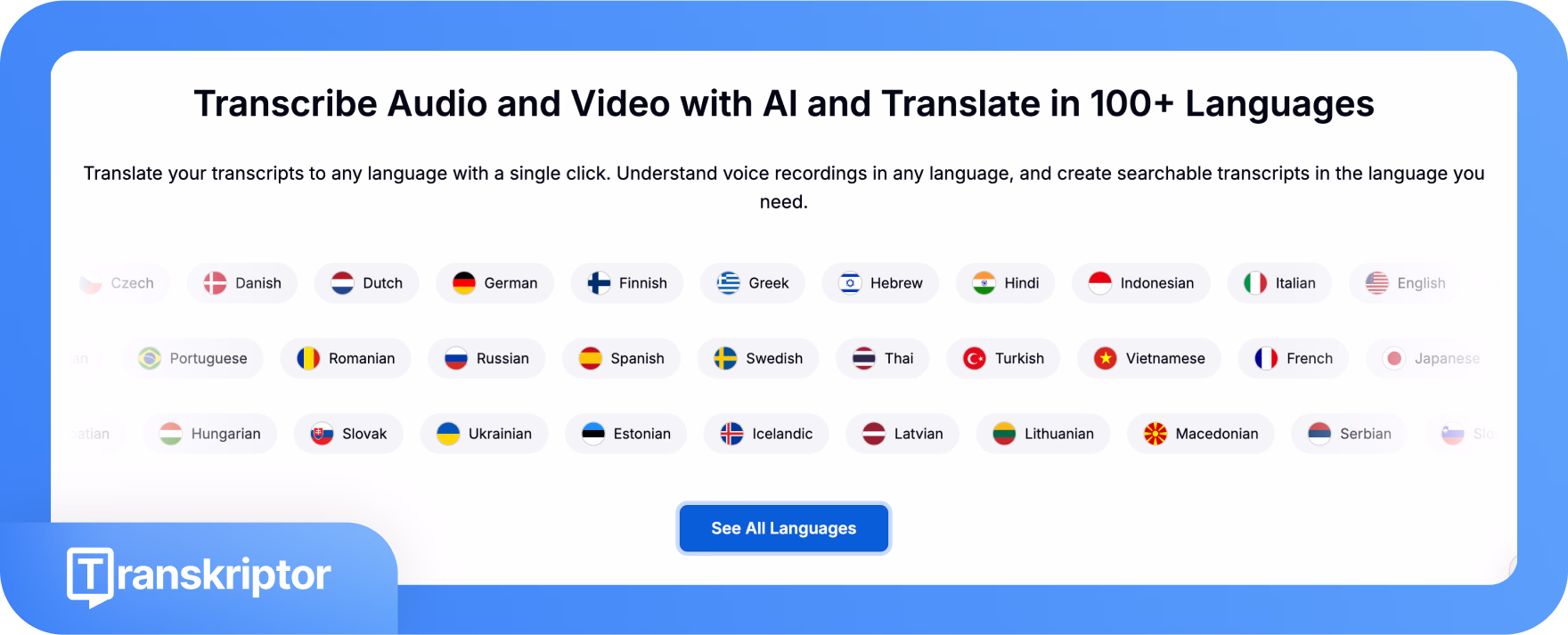 Transkriptor menawarkan transkripsi dan terjemahan berasaskan AI dalam lebih 100 bahasa.