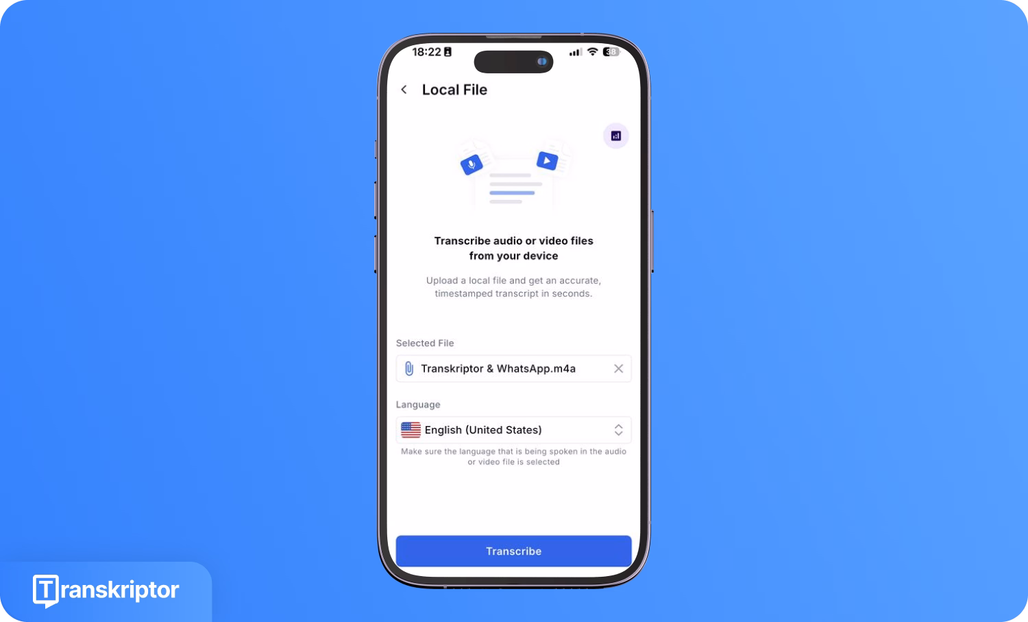 Naudojant Transkriptor WhatsApp garso failo transkribavimui išmaniajame telefone.