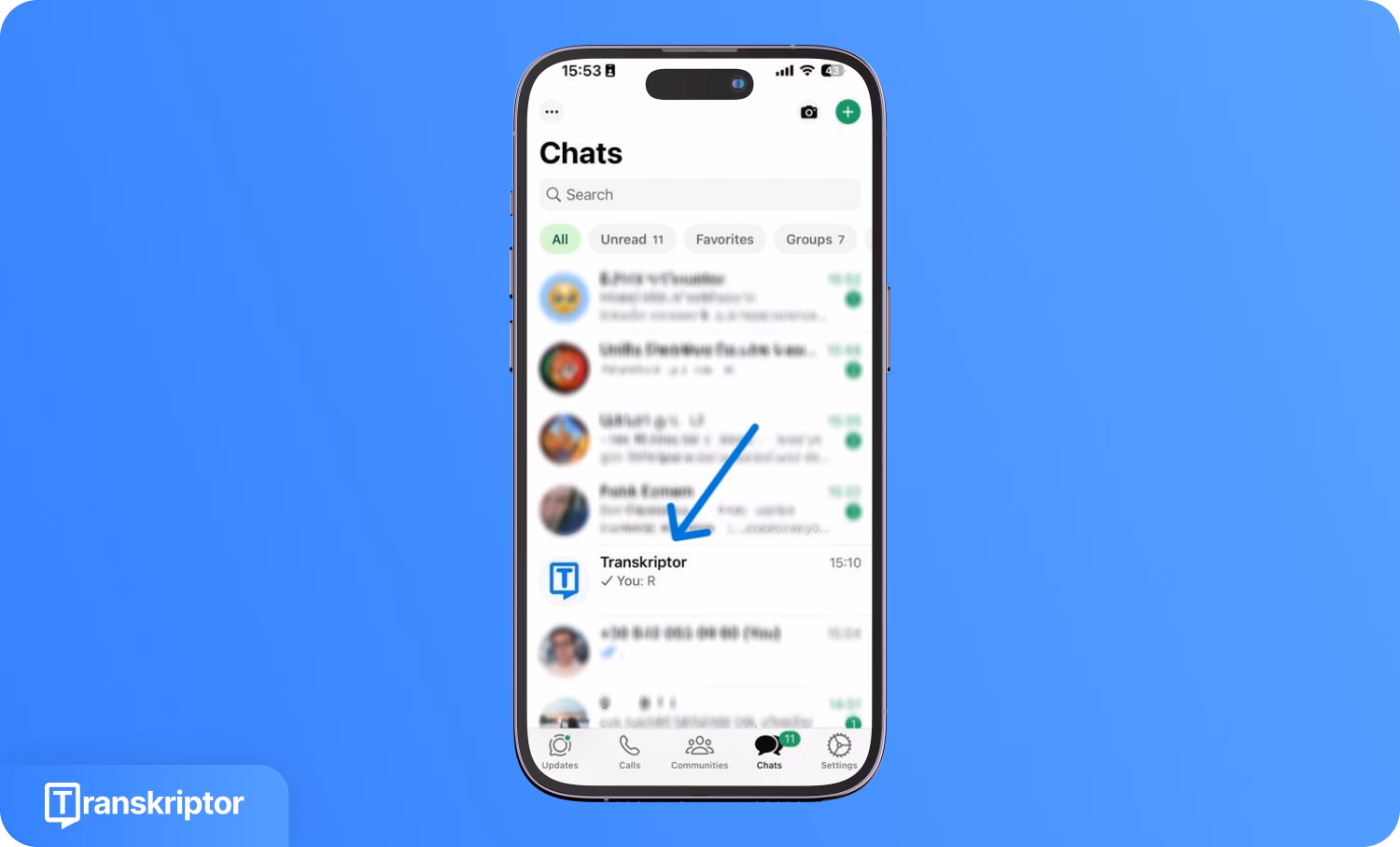 WhatsApp pokalbių ekranas telefone su paryškintu Transkriptor.