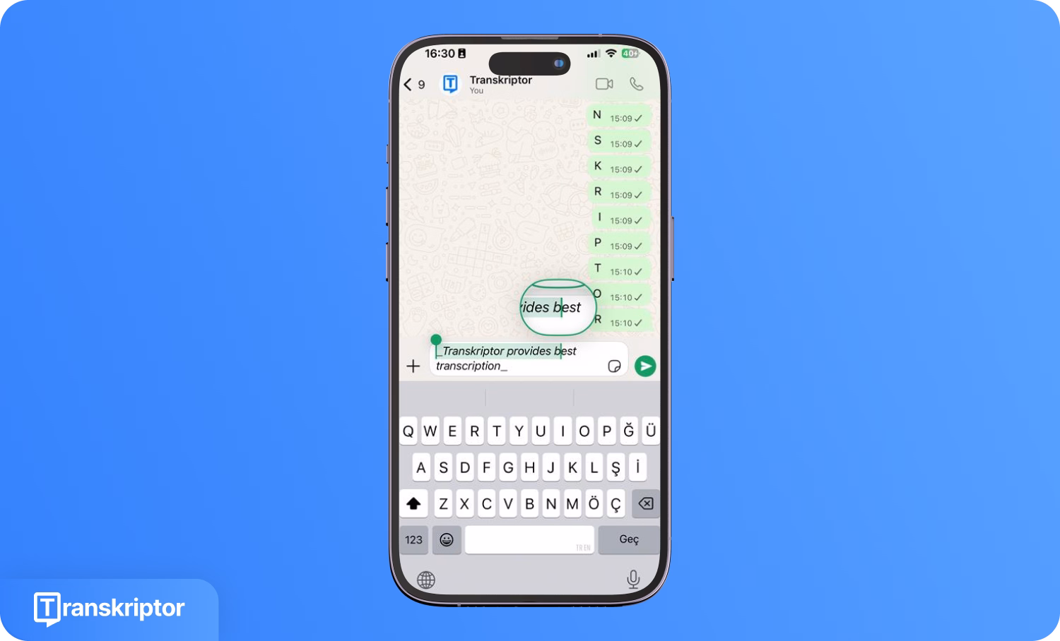 Diktuoti WhatsApp žinutę telefone naudojant Transkriptor transkribavimui.