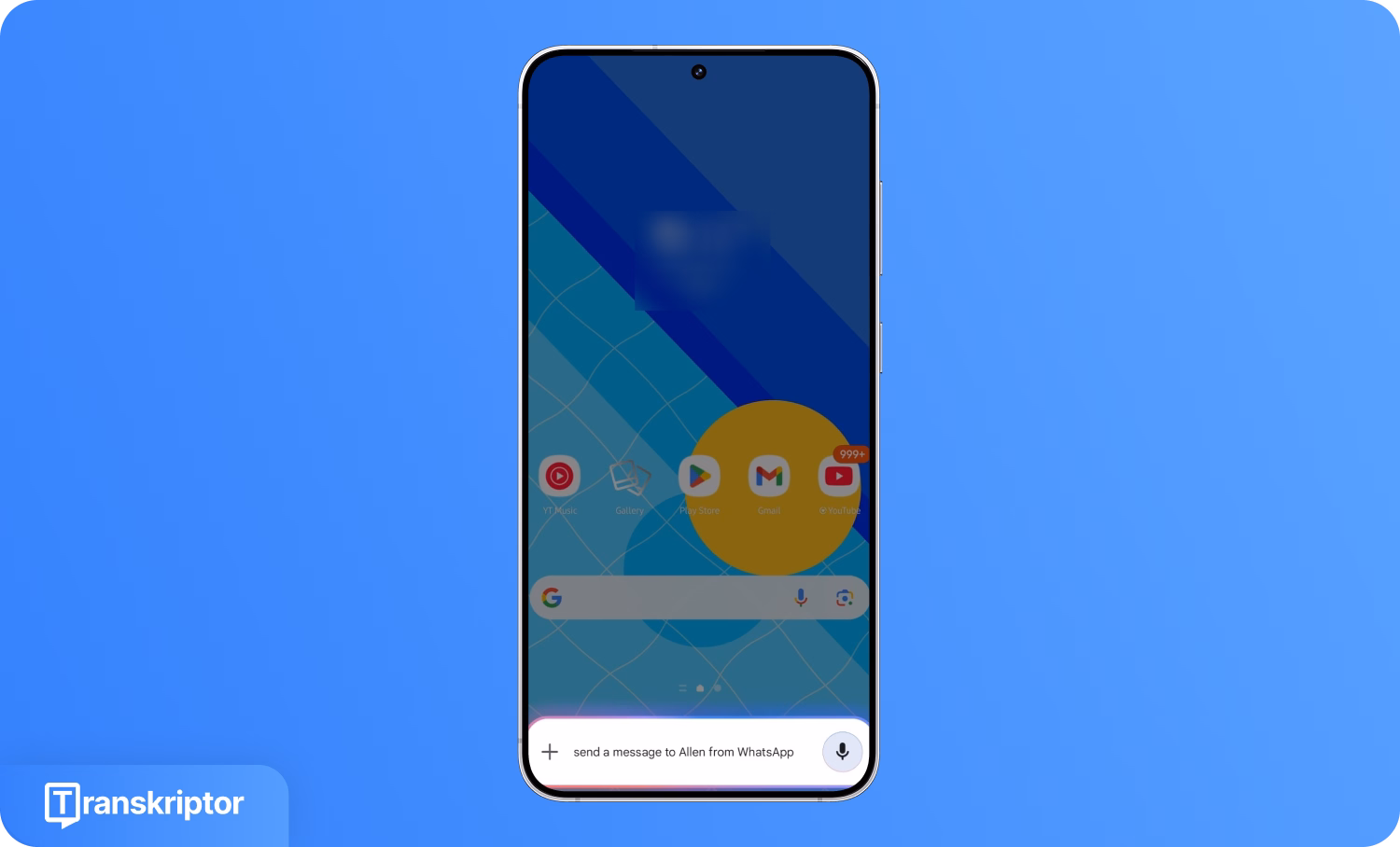 Išmanusis telefonas, rodantis padiktuotą WhatsApp žinutę naudojant Transkriptor.