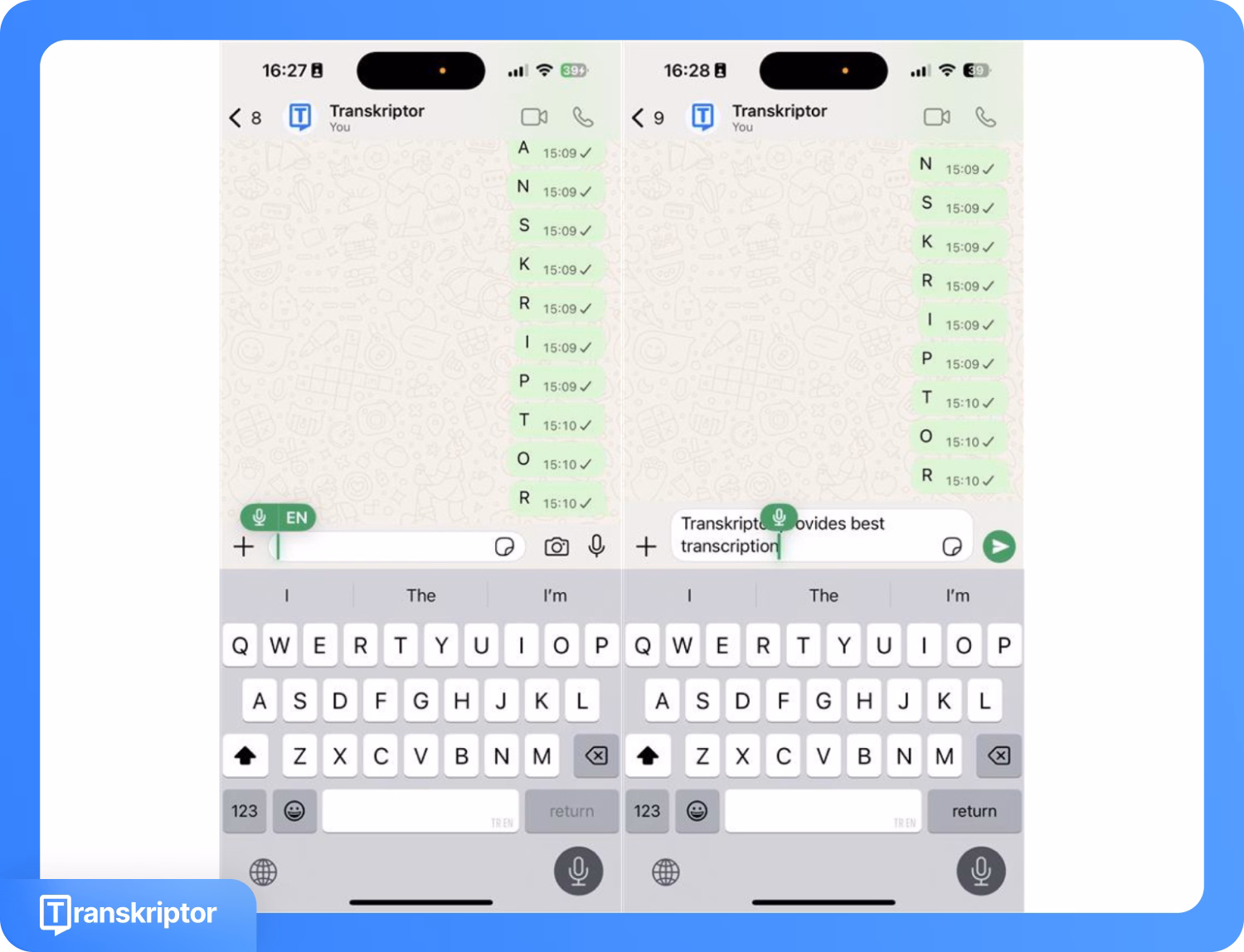 WhatsApp žinutė diktuojama naudojant Transkriptor programėlę išmaniajame telefone.