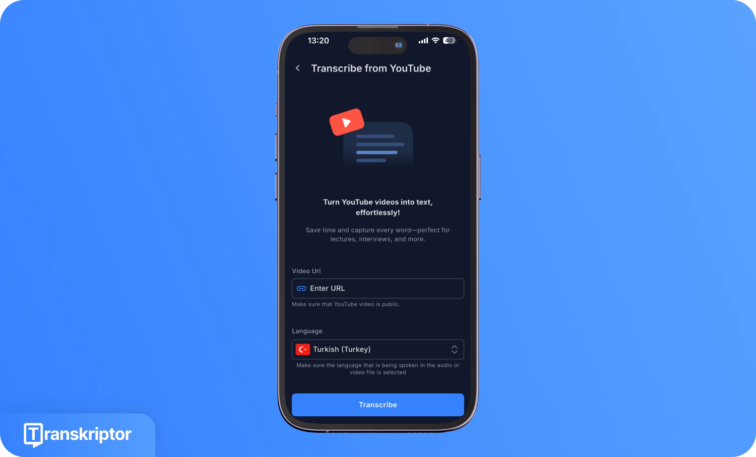 YouTubeビデオをテキストに文字起こしするiPhone用Transkriptorアプリ。