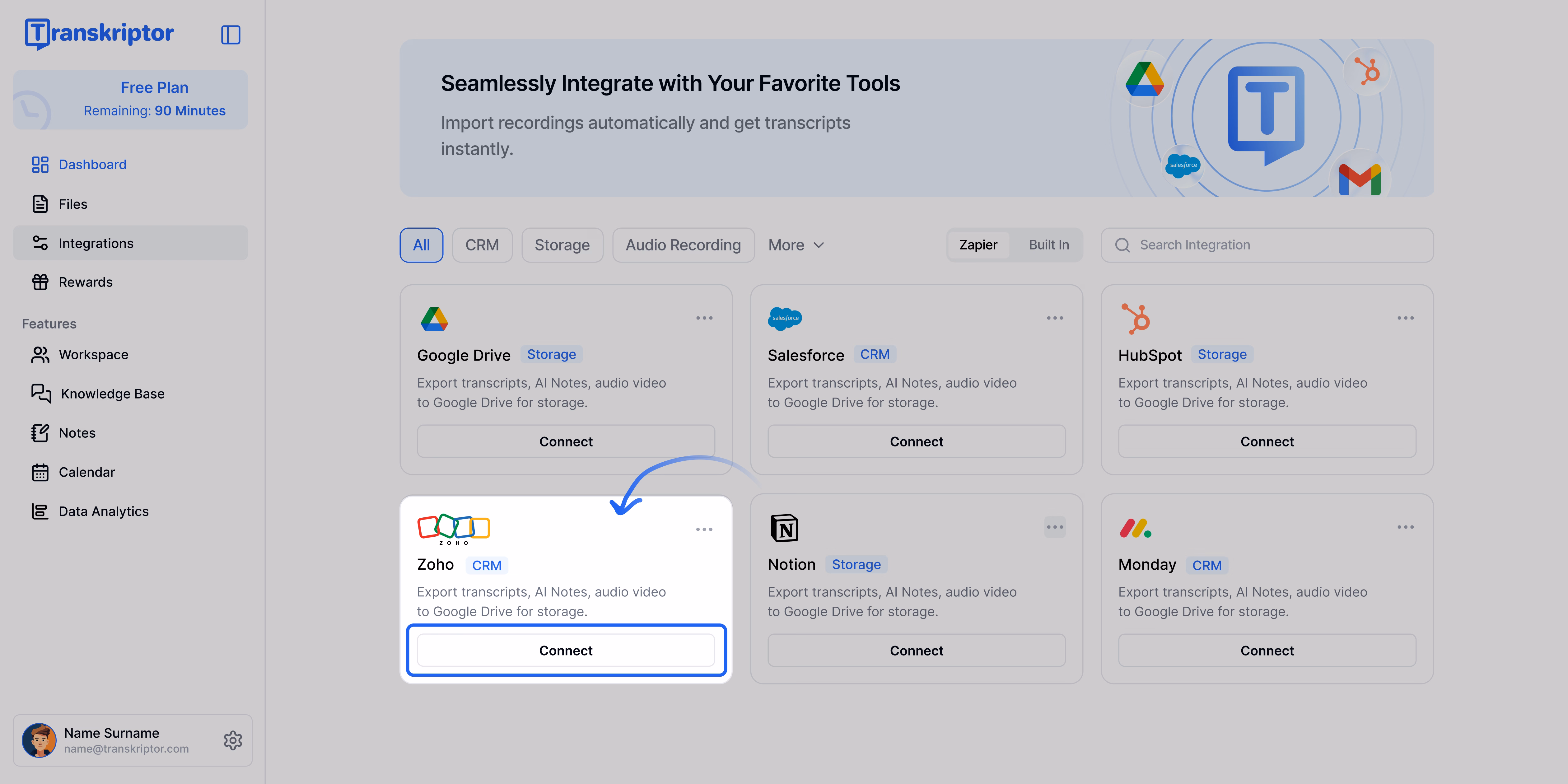 Dasbor Transkriptor menunjukkan opsi integrasi Zoho untuk mengekspor transkrip.