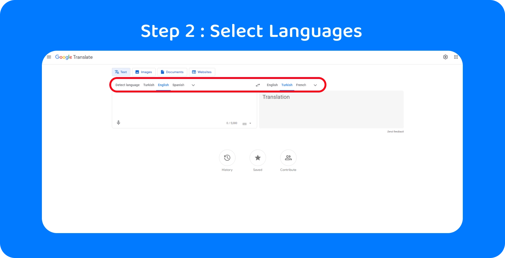 Google Menterjemahkan antara muka yang menunjukkan kotak teks sedia untuk input audio, Langkah 2 dalam proses penukaran audio kepada teks.
