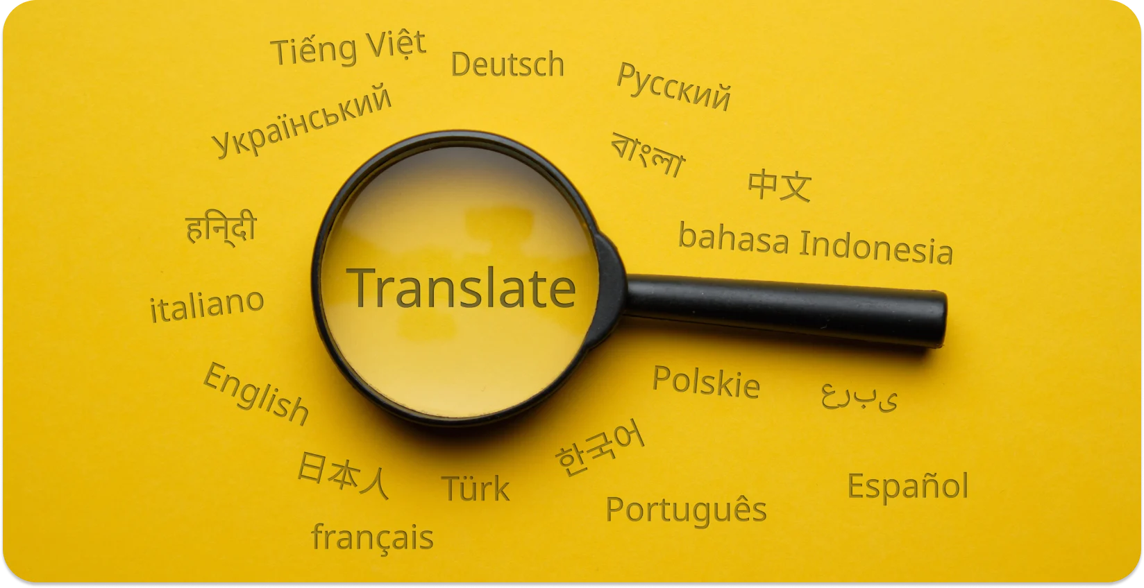 Forstørrelsesglass som fremhever 'Oversett' blant forskjellige språk, som symboliserer språklig konvertering.