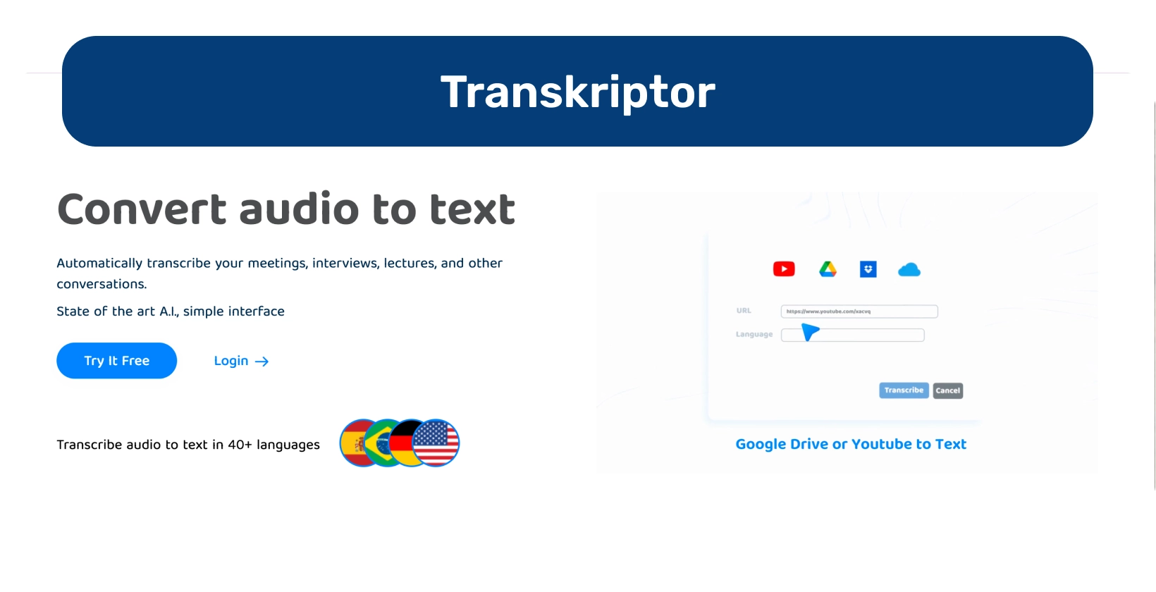 Інформаційна панель Transkriptor демонструє функції перетворення аудіо в текст для ефективної транскрипції.