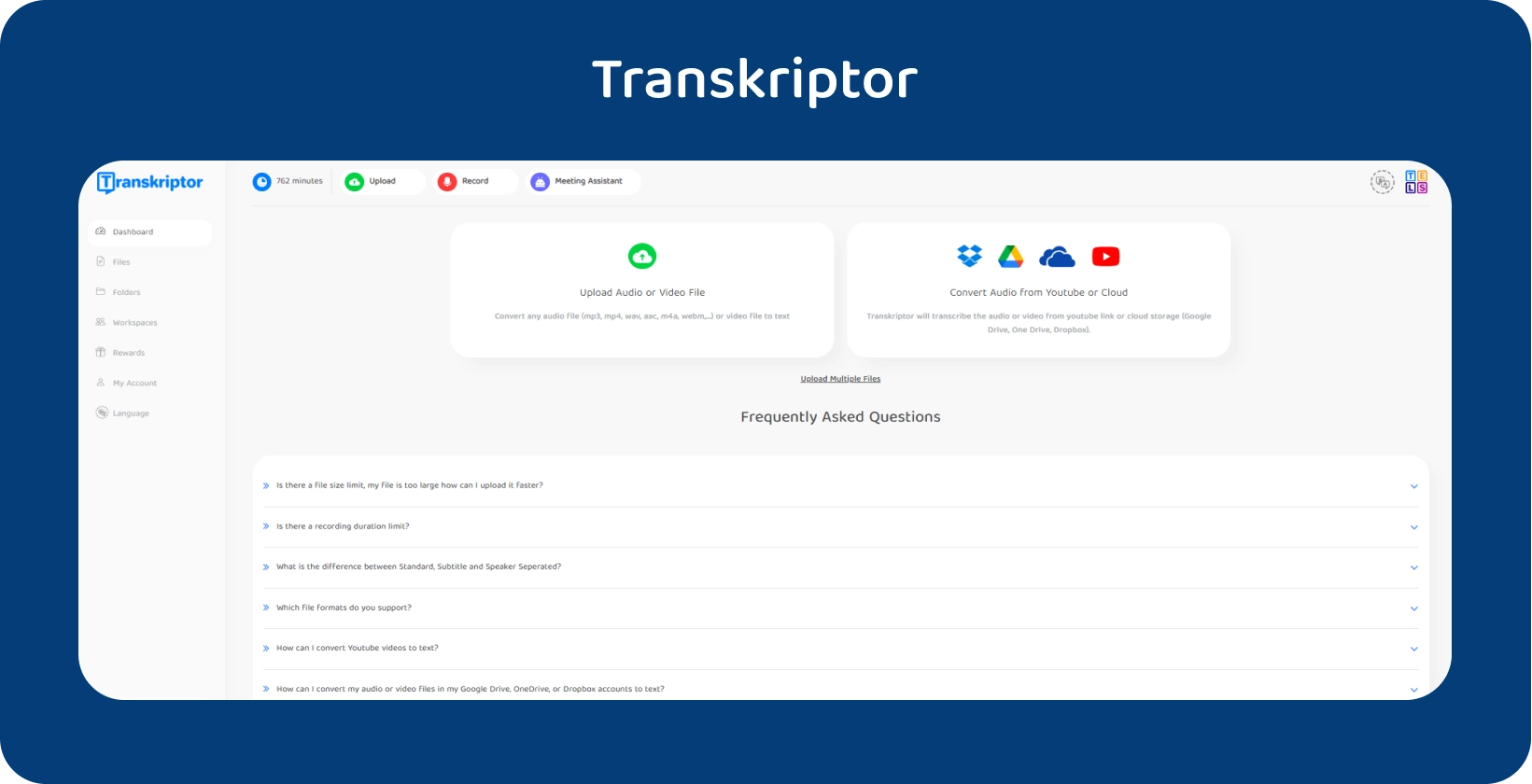 Інтерфейс Transkriptor, що просуває свій сервіс перетворення аудіо в текст.