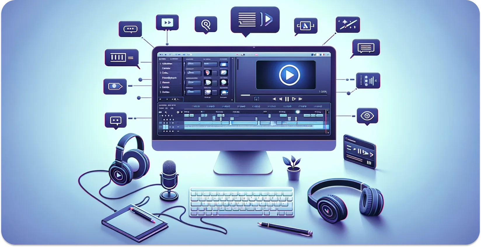 Szerkesztőállomás, amely bemutatja a videókhoz feliratok hozzáadásához szükséges funkciókat, ikonokkal a szöveghez és a kereséshez.