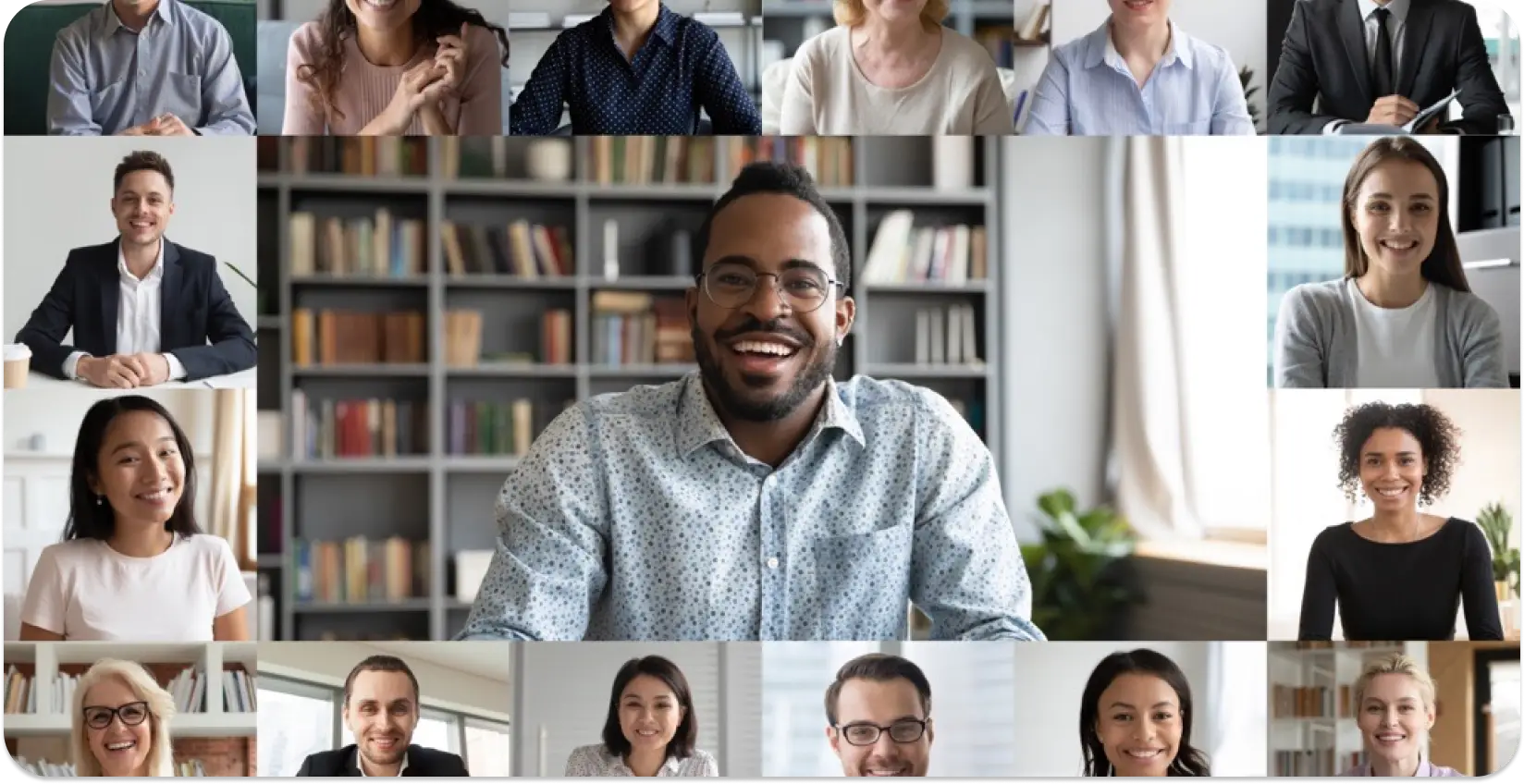 Collage af forskellige fagfolk i et virtuelt møde, der viser inklusion på arbejdspladsen.