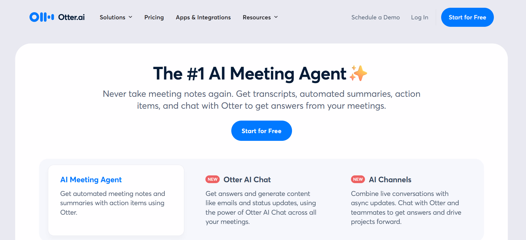 Zoom、Google Meet、Microsoft Teamsプラットフォーム全体でのビデオ会議統合によるリアルタイム文字起こし機能を表示するOtter AIミーティングアシスタントインターフェース。