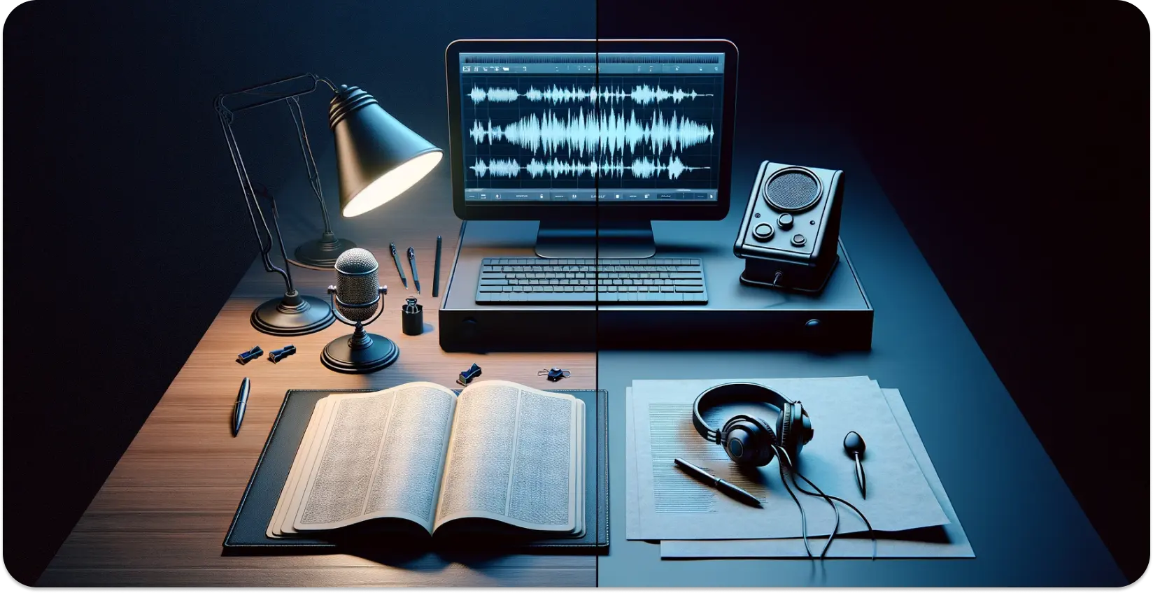 Uma configuração de transcrição moderna com microfone, livro aberto e forma de onda na tela do monitor.