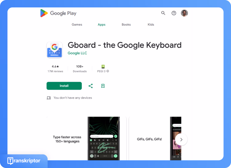 Google Play Áruház oldal, amely a Gboard billentyűzet alkalmazást mutatja hangalapú gépelési funkciókkal