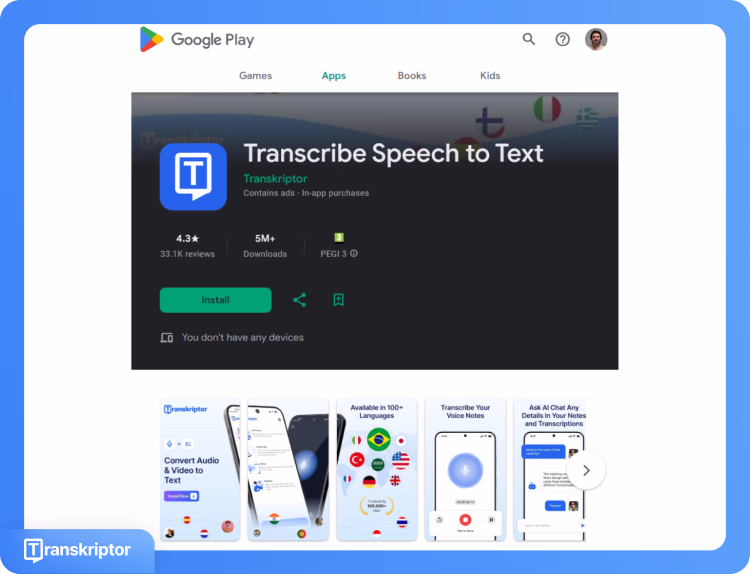 Google Play Áruház oldal, amely a Transkriptor beszéd-szöveg alkalmazást mutatja telepítési gombbal