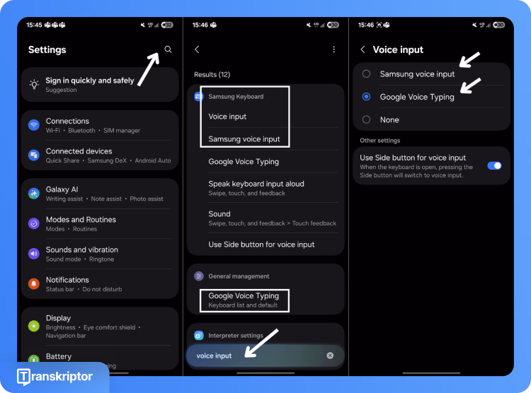 Samsung telefon beállítások képernyői, amelyek a hangbevitel konfigurációját és a Google Hangalapú gépelés kiválasztását mutatják
