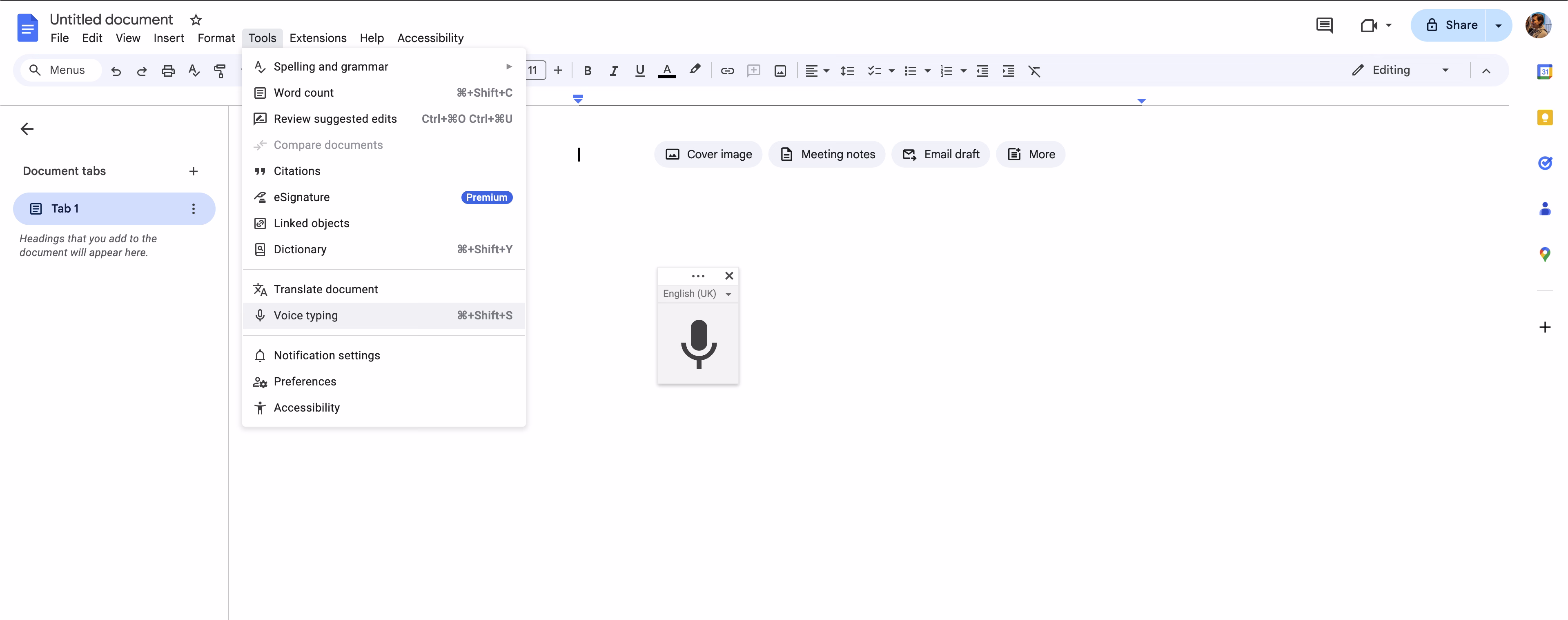 टूल्स मेनू में वॉइस टाइपिंग टूल सक्रिय के साथ Google डॉक्स इंटरफेस