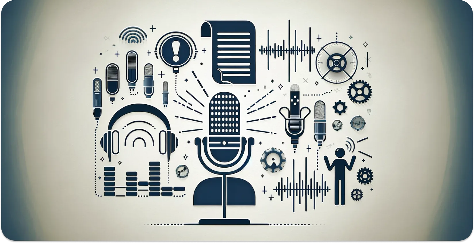 Художественное изображение микрофонов, наушников и звуковых волн, символизирующих транскрипцию звука.