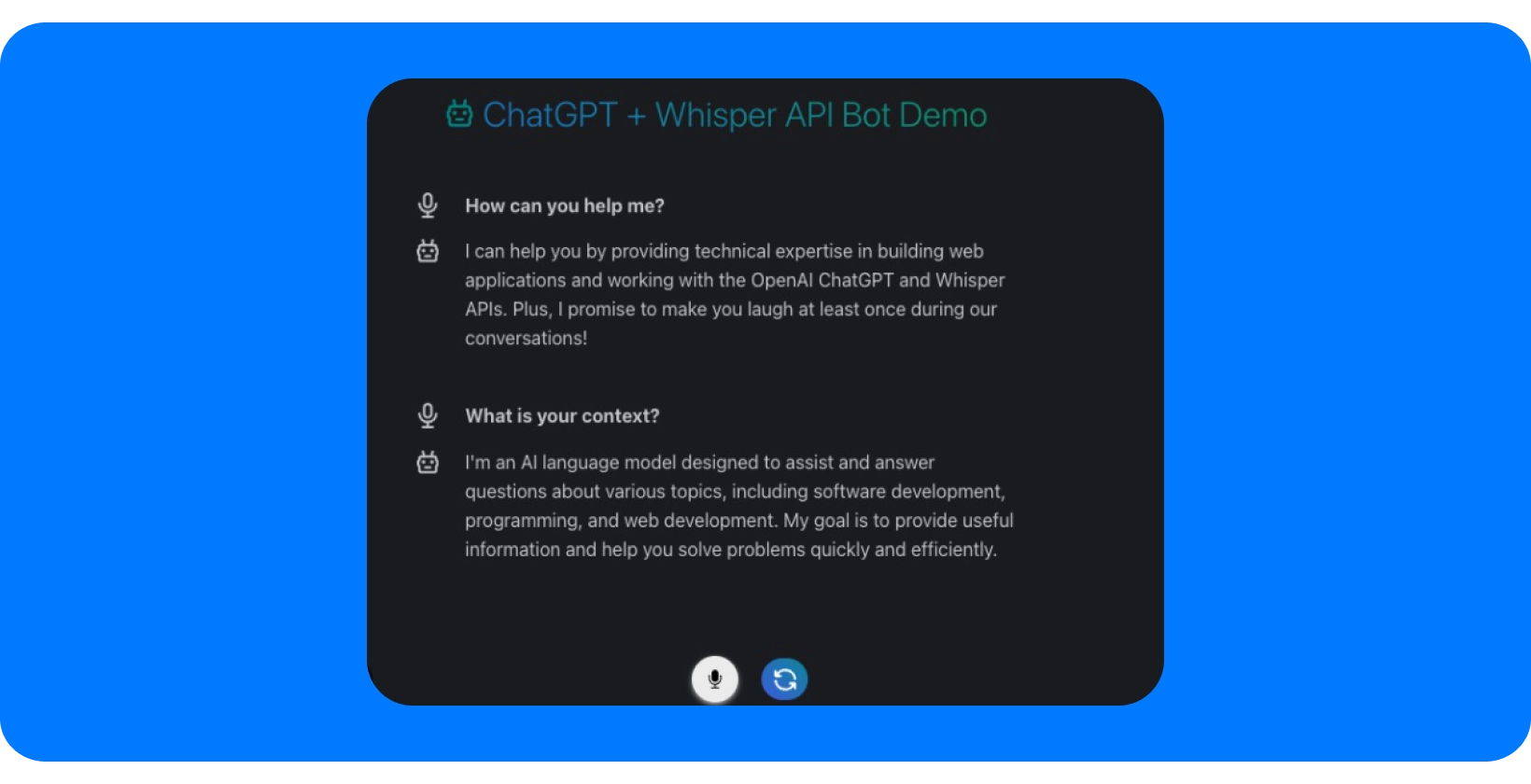 Zrzut ekranu ChatGPT + Whisper API Bot Demo prezentujący możliwości pomocy w rozmowie.