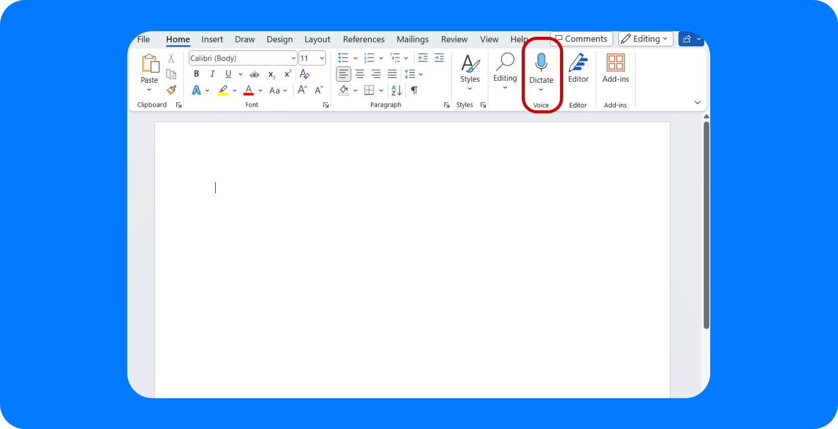 Word processor interface with a dictation feature for typing text via voice.