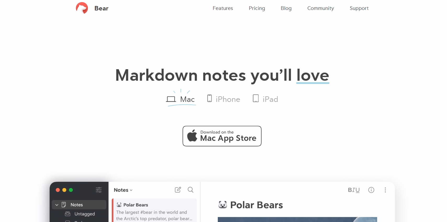 Kutup ayıları hakkında örnek not içeren markdown düzenleme arayüzünü gösteren Bear not alma uygulaması