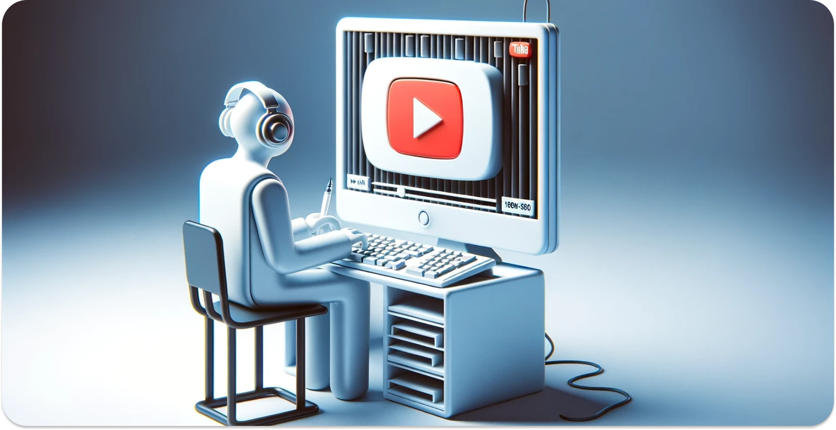 Stilizēta ilustrācija personai, kas izmanto datoru ar YouTube saskarni, koncentrējoties uz transkripciju.