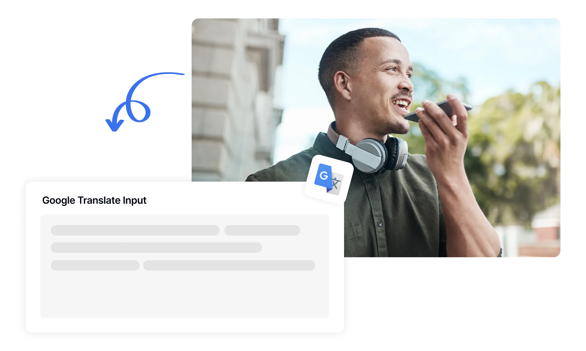 Persona ar austiņām izmanto Google Translate vienkāršo runas-teksta funkcionalitāti, parādot ierobežotās transkripcijas iespējas.