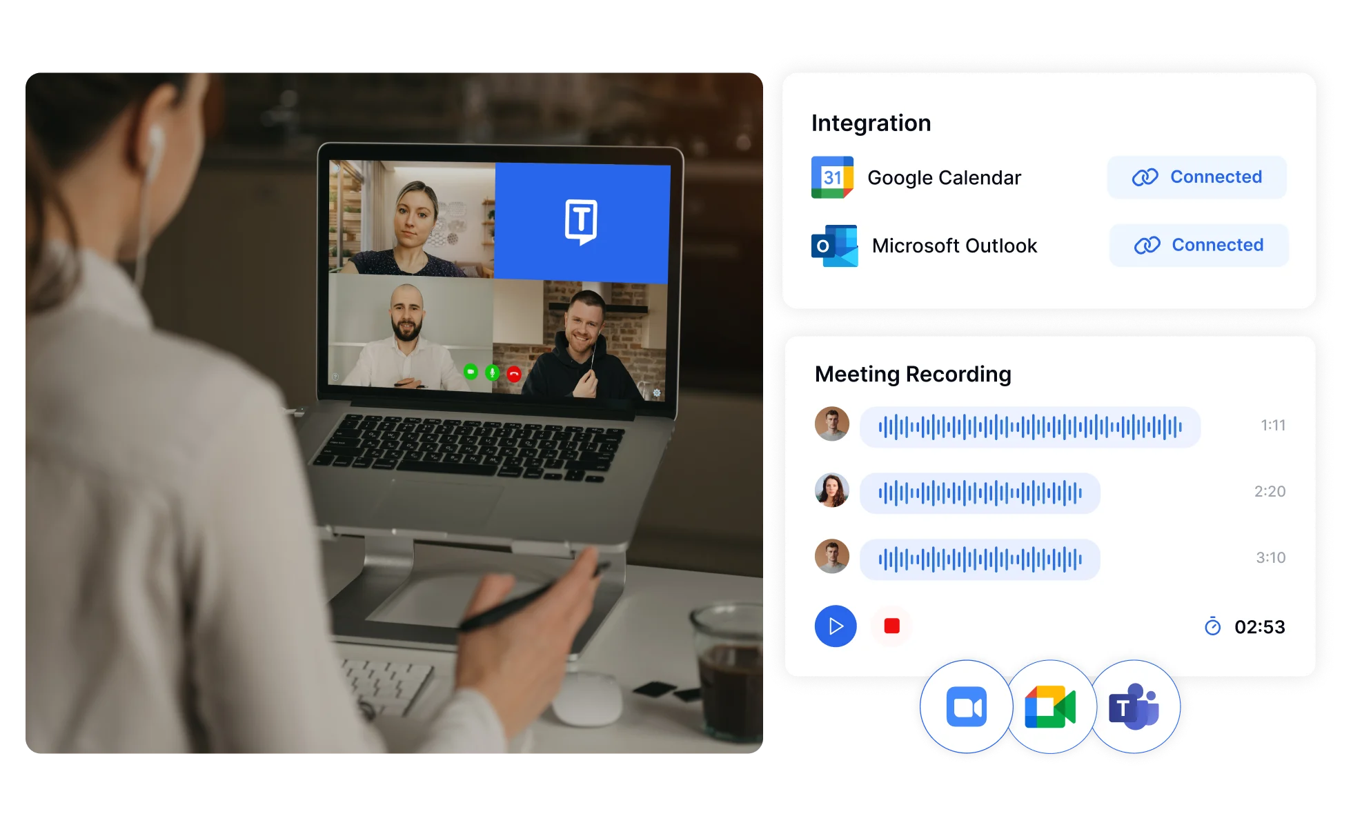 Integrasi kalendar dengan Google dan Microsoft Outlook untuk rakaman automatik dan transkripsi mesyuarat persidangan video.