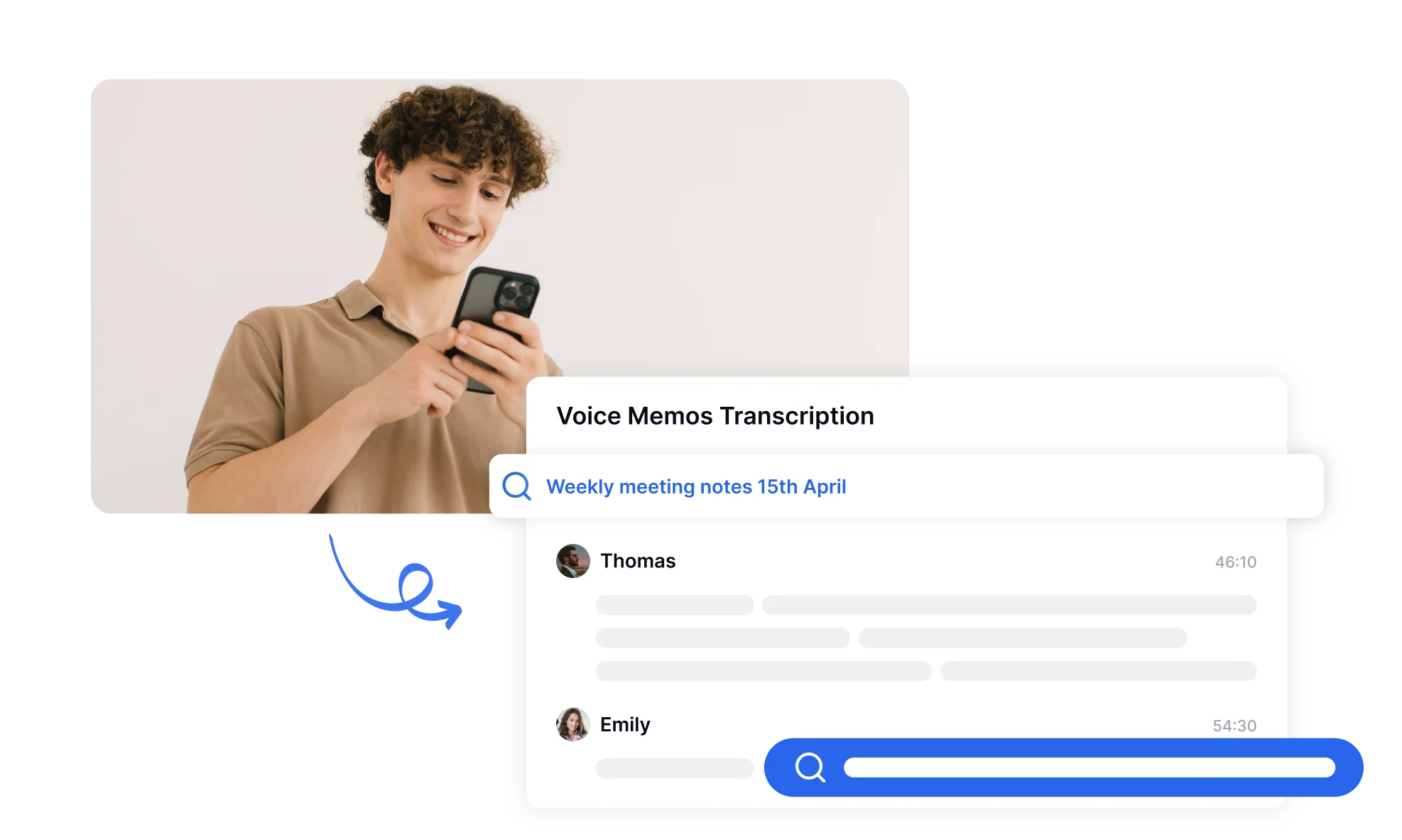 スマートフォンを持つ人が60分の音声録音を情報検索用のキーワード機能付きの検索可能なテキストに変換している様子。