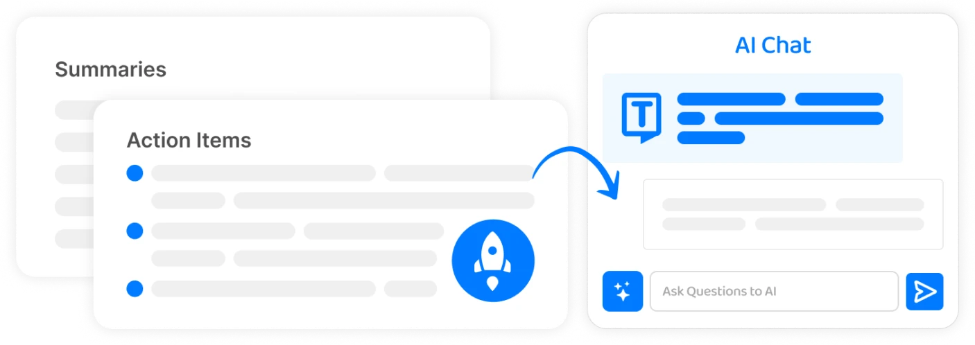 AI-gestützte Assistentenschnittstelle für die Zusammenfassung und Teilnahme am Chat auf der Grundlage von Transkriptionsinhalten.