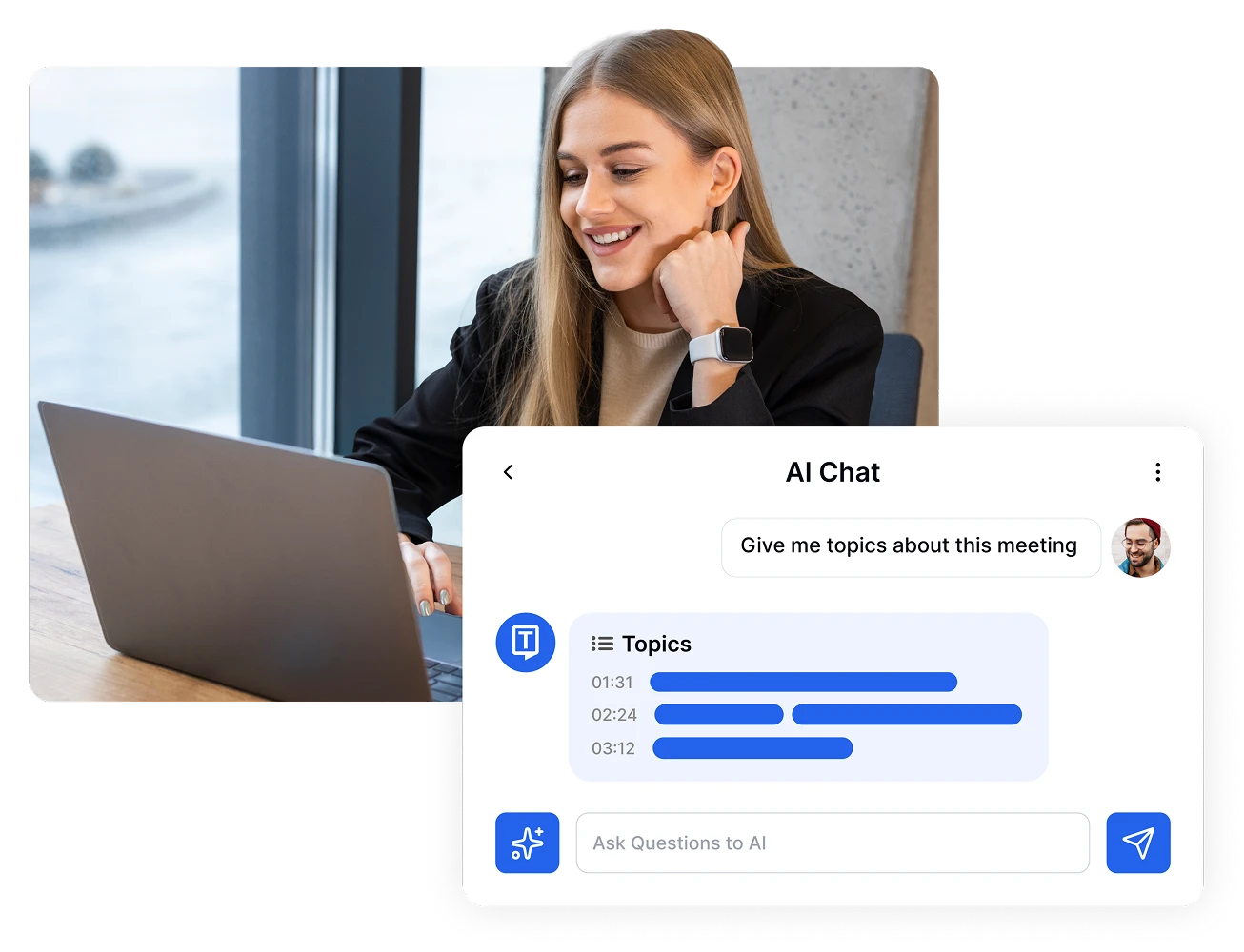 Woman using AI chat tool on laptop for meeting topics.