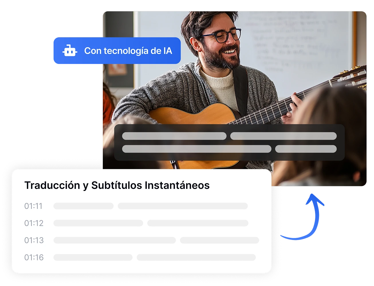 AI technology providing instant translations and subtitles for a guitar lesson.
