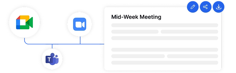 Peringkas mesyuarat AI disepadukan dengan Zoom, Teams dan Google Meet untuk transkripsi mesyuarat yang lancar.