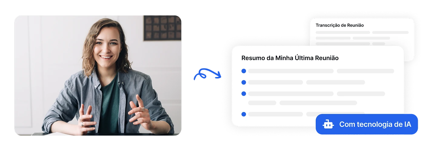 Mulher usando ferramenta com IA para transcrição e resumo de reuniões.