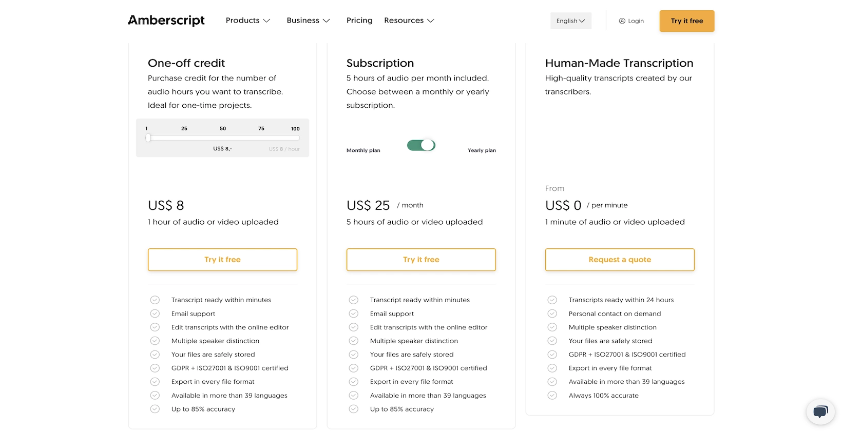 Amberscriptの価格と、機械で作られたサービスと人為的なサービスの価格を示すプランのスクリーンショット。