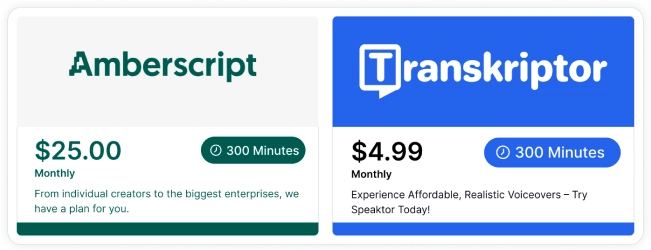 Una comparación entre Amberscript y Transkriptor, analizando específicamente sus estructuras de precios.