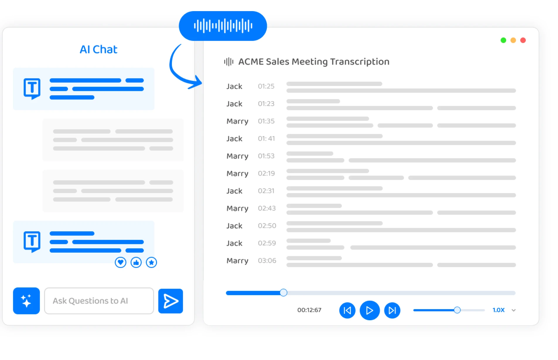 特定の録音に関連する質問を入力または質問するオプションを示すユーザー インターフェイス。