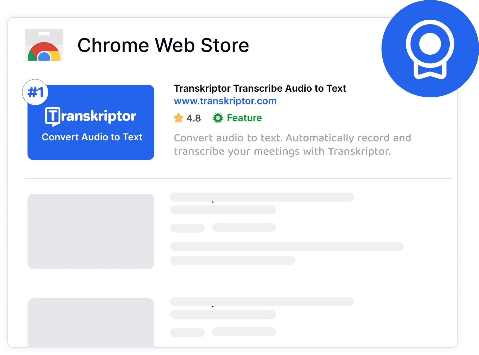 Transkriptor를 최고의 크롬 확장 프로그램으로 보여주는 그림